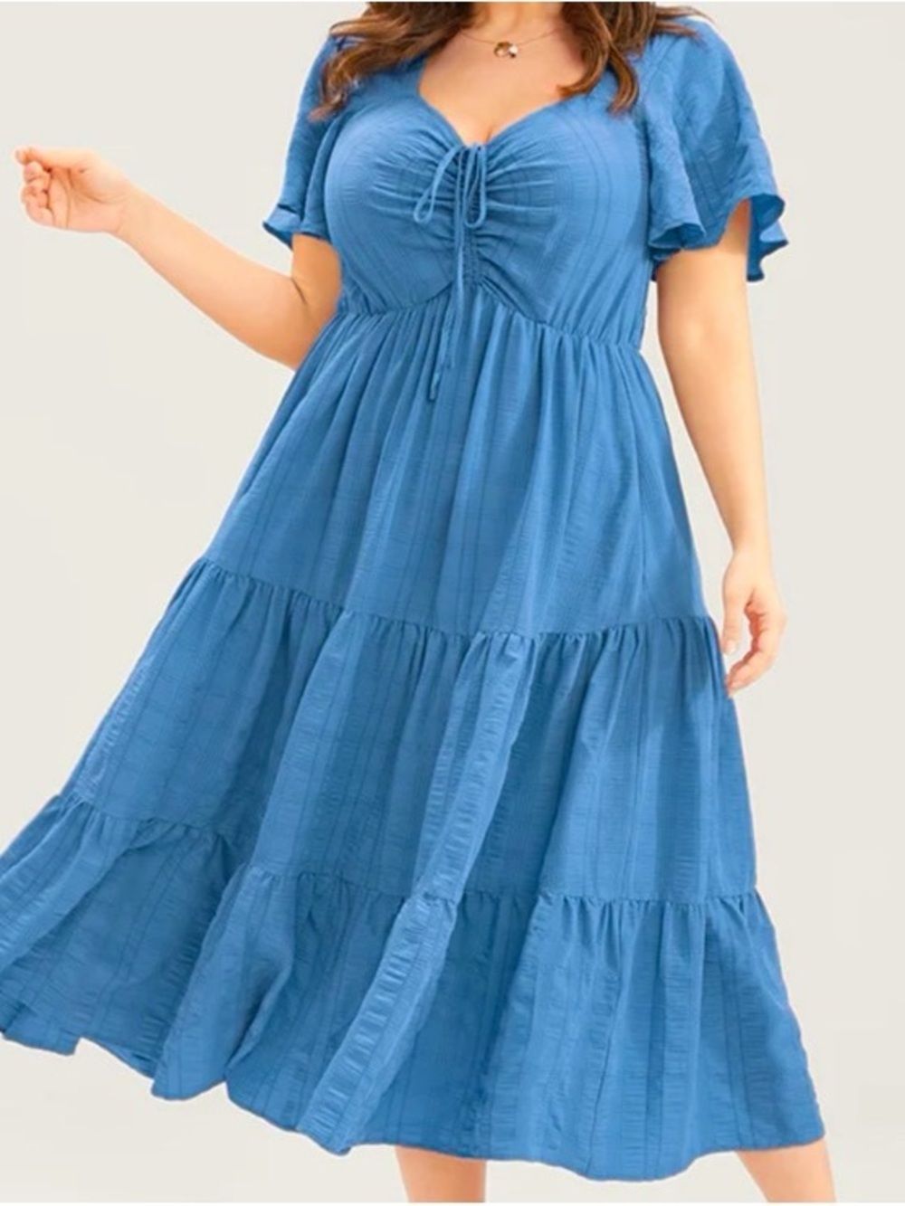 BloomChic Blue Tiered Midi Dress with Tie-Front